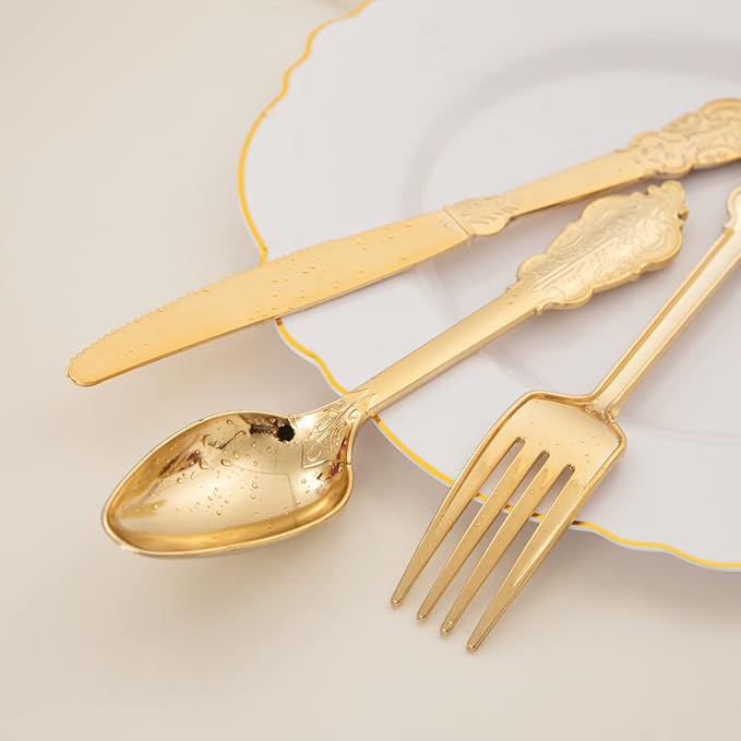 WDF 200 Pieces Gold Plastic Silverware Disposable - 50 Guests Heavy Duty Thanksgiving Gold Plastic Cutlery - Disposable Utensils Includes 100 Forks, 50 Spoons, 50 Knives Perfect for Party/Weeding