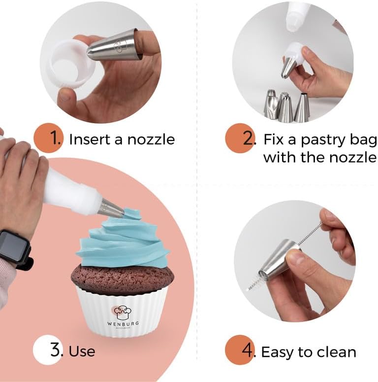 Wenburg Versatile & Easy-to-Clean Large Icing Piping Bags and Tips Set - Reusable 7 Large Icing Tip for Cake Decorating - Cotton Icing Bag - Coupler I Professional Cupcake Kit, Premium Baking Supplies