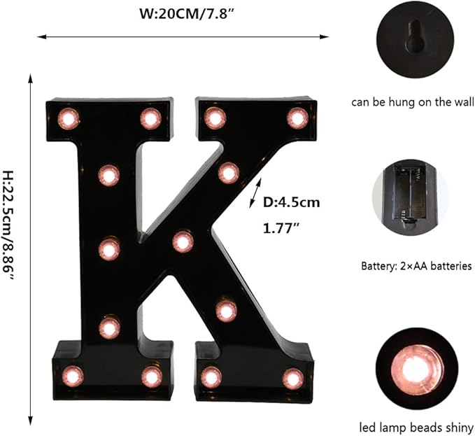 OYCBUZO Light Up Black Alphabet Marquee Letters Sign LED Marquee Number Lights Sign for Night Light Home Bar Christmas Lamp Birthday Party Wedding Decoration K