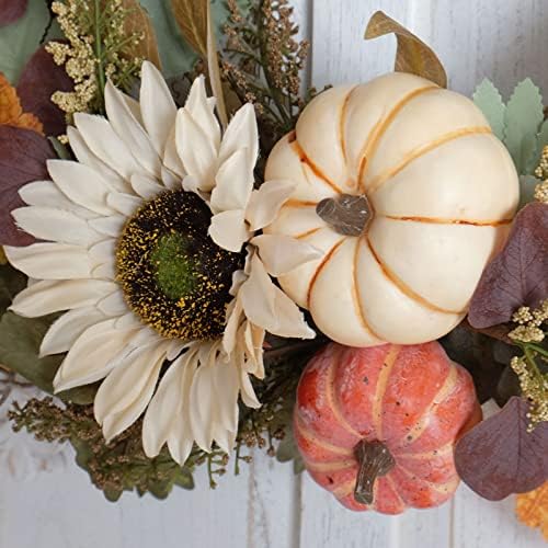 12" fall harvest pumpkin and sunflower wreath on a desk or shelf