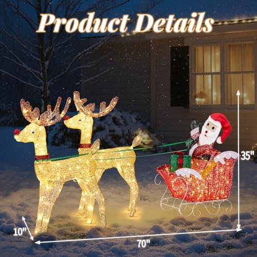 vingli 6ft lighted christmas reindeer and sleigh outdoor, close-up detail