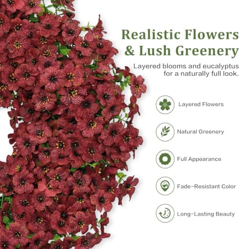 20" burgundy artificial floral wreath for front door, close-up detail