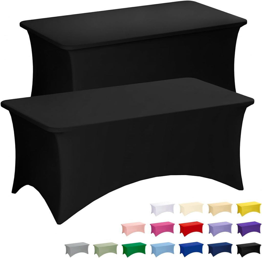 Fixwal Black Table Cloth 2 Pack 6FT for Rectangular Table Spandex Fitted Table Covers Washable Stretch for Soccer Party, Trade Show, Banquet, Wedding, Buffet