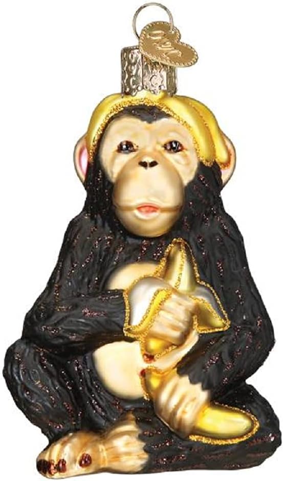 Old World Christmas Chimpanzee with Banana Glass Blown Ornament for Christmas Tree, Handcrafted Holiday Decoration, Wildlife Animal Collection