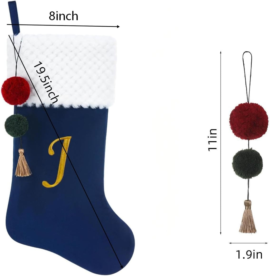 19.5" Personalized Velvet Christmas Stocking with Embroidered Initials- Fireplace Stockings, Family Holiday Xmas Party Decor (Blue S)