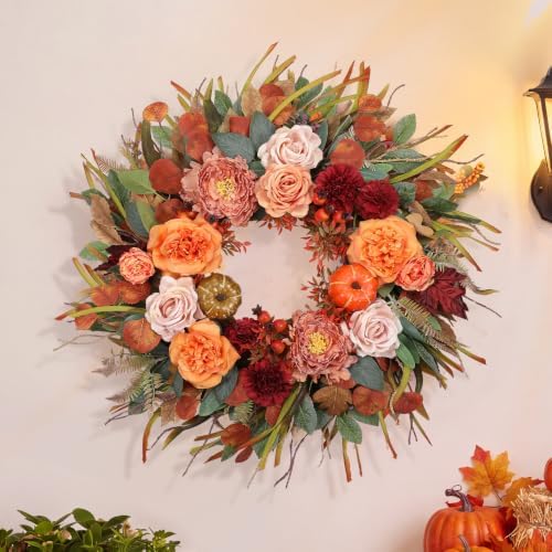 26” fall wreaths for front door, autumn harvest on a desk or shelf