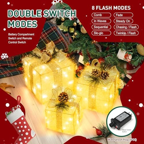 unusroom set of 3 christmas lighted gift boxes,outdoor, side view