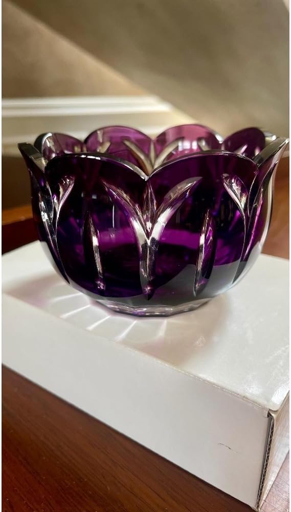 Crystal Purple Cut to Clear Rose Bowl Flower Vase Candleholder