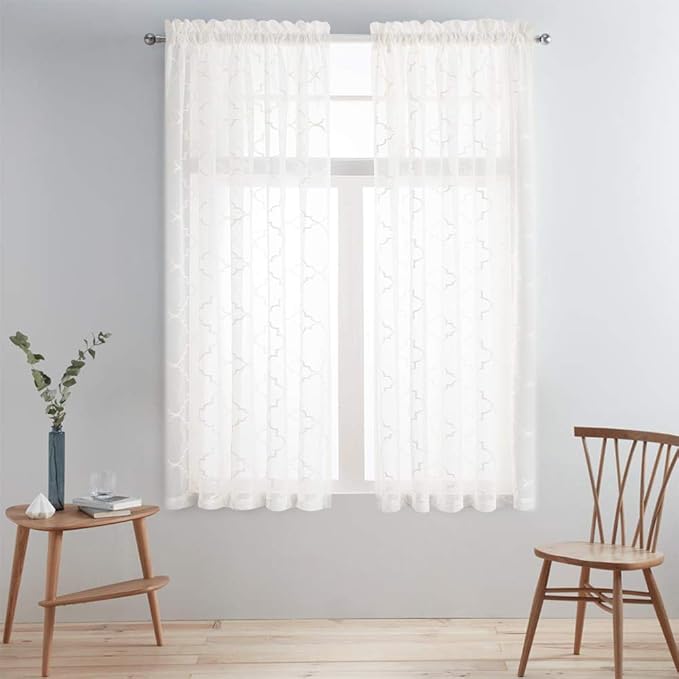 Embroidery Sheer Curtains Gold 45 Inch Length, Rod Pocket Voile Drapes for Living room, Bedroom, Embroidered Moroccan Tile Lattice Design Window Semi Curtains for Patio, Yard, 2 Panels, 52"x 45".