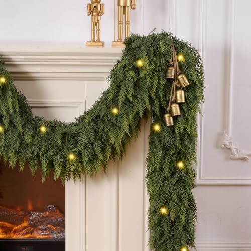9ft 1pcs christmas cedar garland with lights realistic, close-up detail