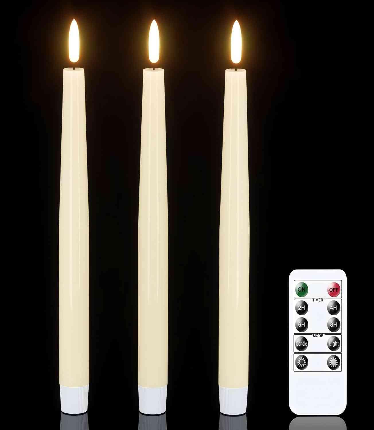 GenSwin Flameless Taper Candles with Remote Timer, Real Wax LED Flickering Candlesticks Battery Operated 3D Wick for Wedding, Party, Home(Ivory, 9.84", Set of 3)