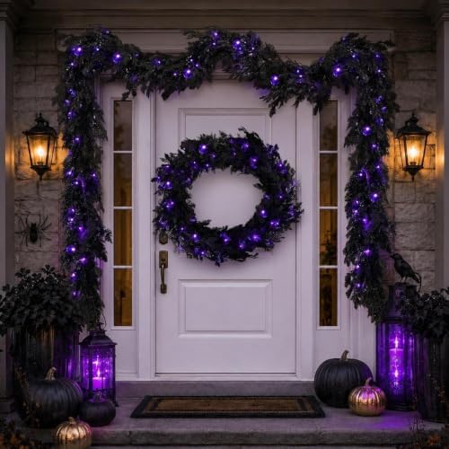 pre-lit halloween garland 9ft decorations black real touch, close-up detail