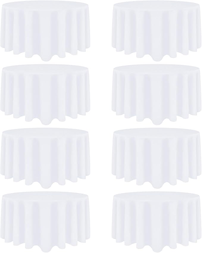 8 Pack White Round Tablecloth 120 Inch White Table Cloth Stain and Wrinkle Resistant Round White Tablecloths Reusable and Washable Polyester Fabric Table Covers for Buffet Wedding Party and Banquet