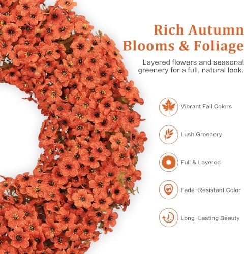 24" orange fall wreath for front door, artificial, side view