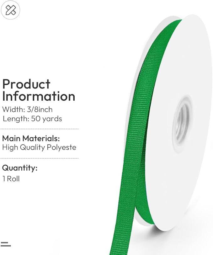 3/8" X 50 Yards Green Grosgrain Ribbon, Premium Grosgrain Ribbon for Sewing, Gift Wrapping, Bow Making, Wedding Decor, Wrapping and More (Green)