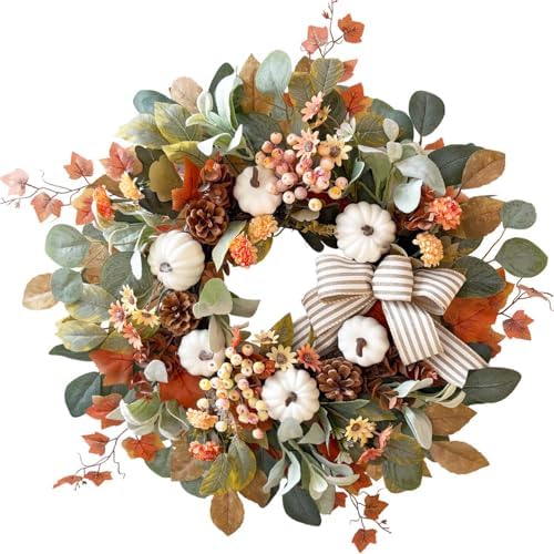 wanna-cul 24 inch farmhouse fall wreath for front shown in use