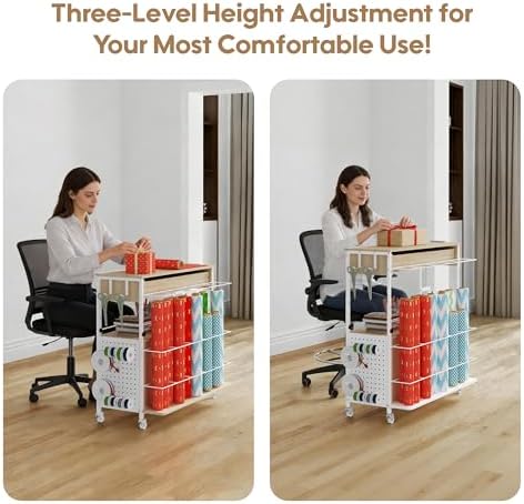 height-adjustable gift wrapping station with paper clamp &, close-up detail
