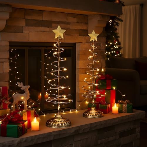 set of 2 lighted christmas tree table decoration, package contents