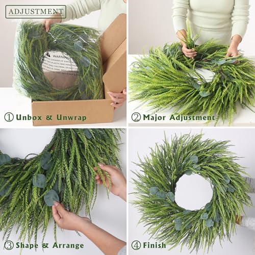 26" artificial eucalyptus with fake saw grass wreath showing dimensions