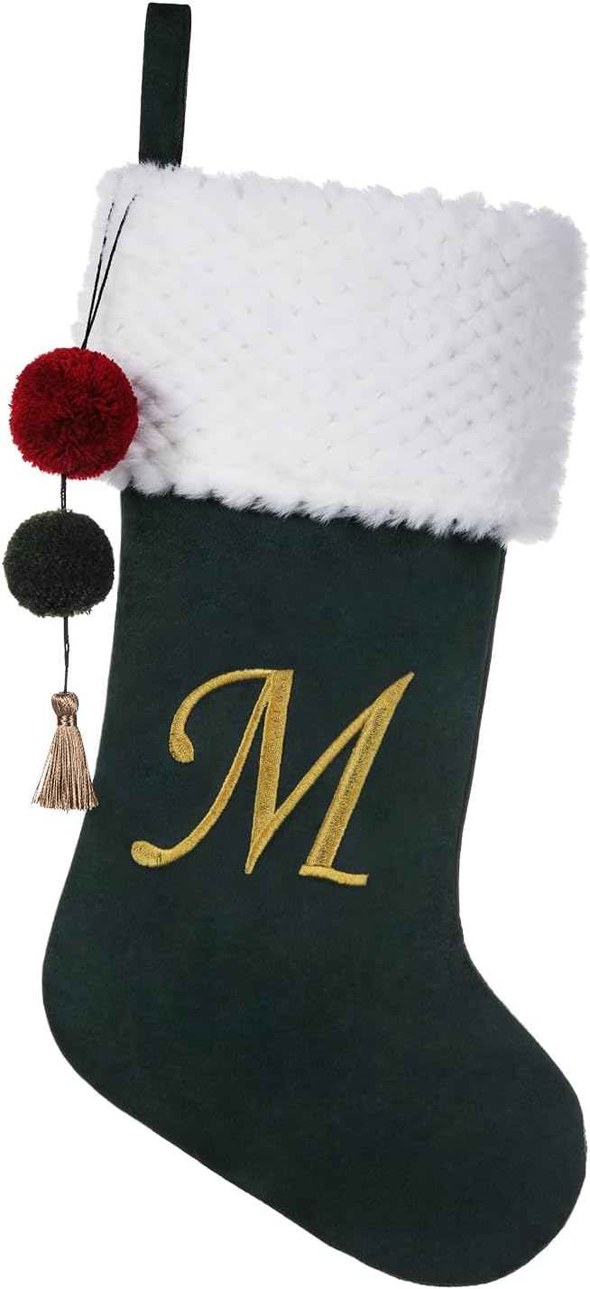 19.5 inches Personalized Velvet Christmas Stocking,Initials Embroidered Letter Christmas Stocking with pom poms, for Fireplace Hanging Decor and Xmas Gift(Green M)