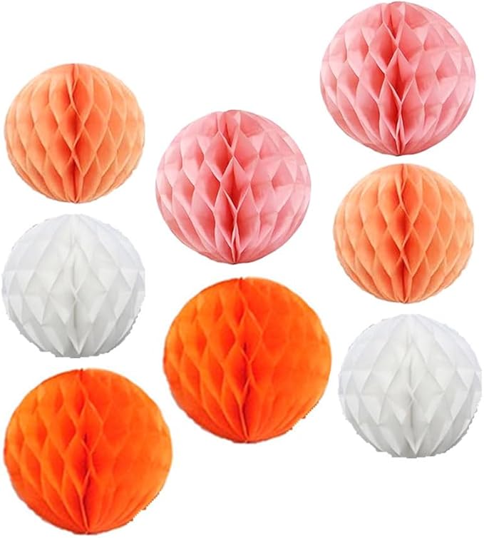 8pc Honeycomb Balls Party Decorations 6'' 8'' Tissue Paper Pom Poms Flower Balls Hanging Paper Honeycomb Balls for Party Baby Shower Birthday Wedding Nursery Wall Decor(6'' 8'' Orange kit)