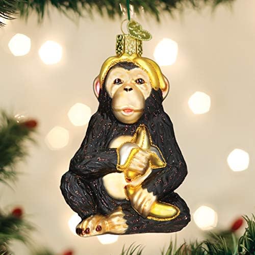 Old World Christmas Chimpanzee with Banana Glass Blown Ornament for Christmas Tree, Handcrafted Holiday Decoration, Wildlife Animal Collection