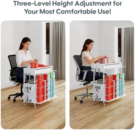 height-adjustable gift wrapping station with paper clamp &, close-up detail