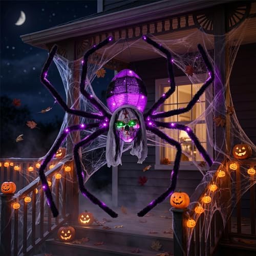 52" halloween giant skull face spider, lighted outdoor, front angle view
