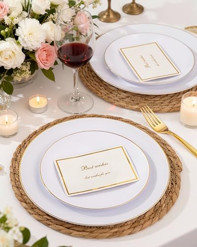 nervure 100pcs white with gold rim plastic plates shown in use