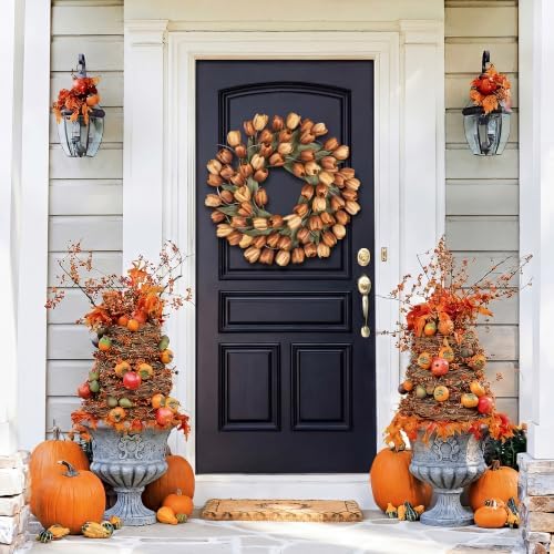 24" tulip fall wreath for front door real, front angle view