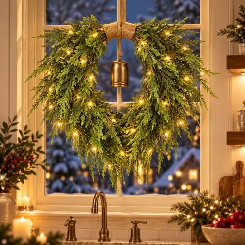 hungdao 21.6" christmas norfolk pine heart wreath with on a desk or shelf