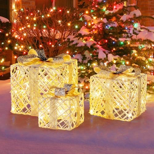 tangkula set of 3 lighted box, pre-lit festive on a desk or shelf