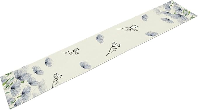 Watercolor Poppy Floral Table Runner, Abstract Seasonal Spring Summer Blue Purple Flower Kitchen Dinning Table Runner for Indoor Outdoor Home Wedding Party Holiday, 13x90 Inch
