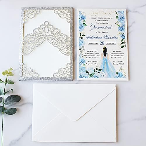 Hosmsua 50PCS 5.1x7.3 Inch Silver Glitter Quinceanera Invitations Cards Laser Cut Floral Crown Pocket Invitation with Envelopes for Birthday Bridal Shower