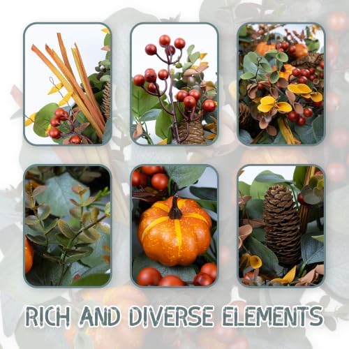 24" eucalyptus fall wreath with pumpkin foliage for, close-up detail