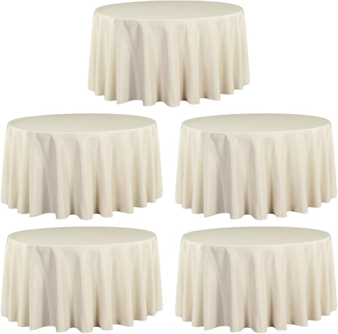 LTC LINENS 5 Pack 120 Inch Round Tablecloth Beige - Bulk for 60 Inch Round Table Floor Length - Wrinkle Resistant Polyester Fabric Cloth for Wedding