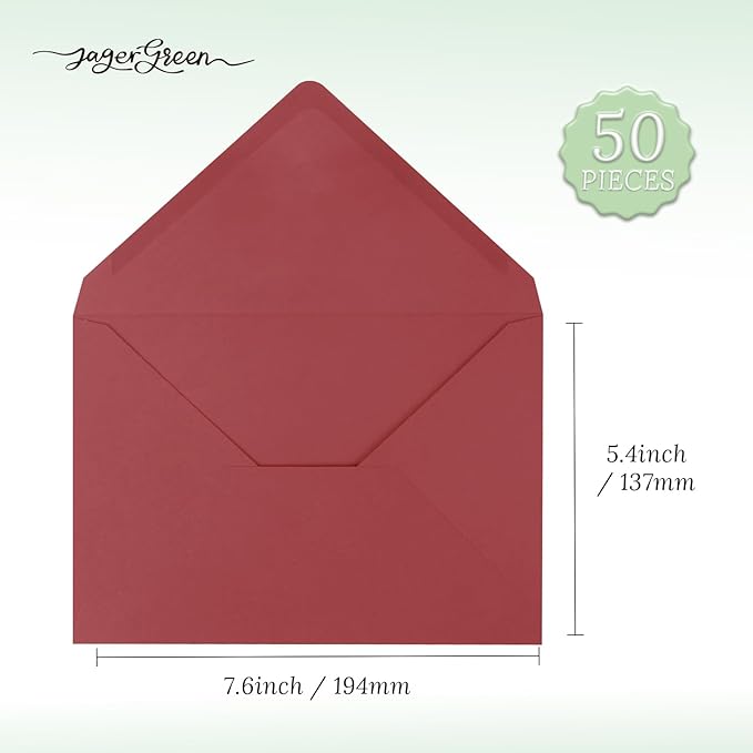50 Pack 5x7 Envelopes Letter Size, Red A7 Envelopes Self Seal for Wedding Invitation, Envelope 5.4x7.6 for Greeting Cards, Photos, Baby Shower, Graduation, Thank You Cards, Announcements