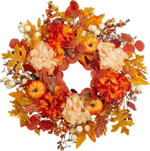 24 inch fall wreath for front door, artificial, front angle view