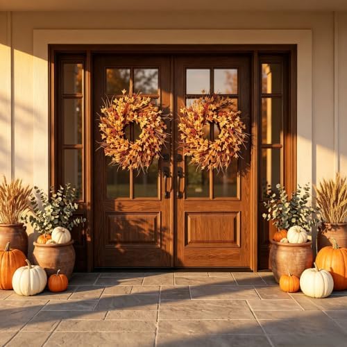 26" large fall wreath for front door, autumn showing dimensions