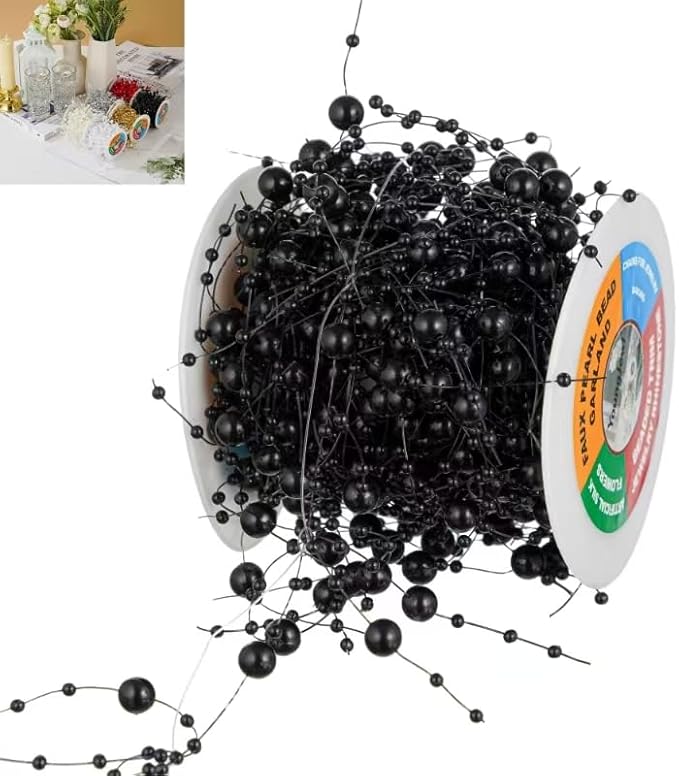 13Feet Pearl String Spool Roll for Floating Candles Faux Pearls Strands Garland for Vase Filler Wedding Centerpiece Christmas Table Decor (Black)