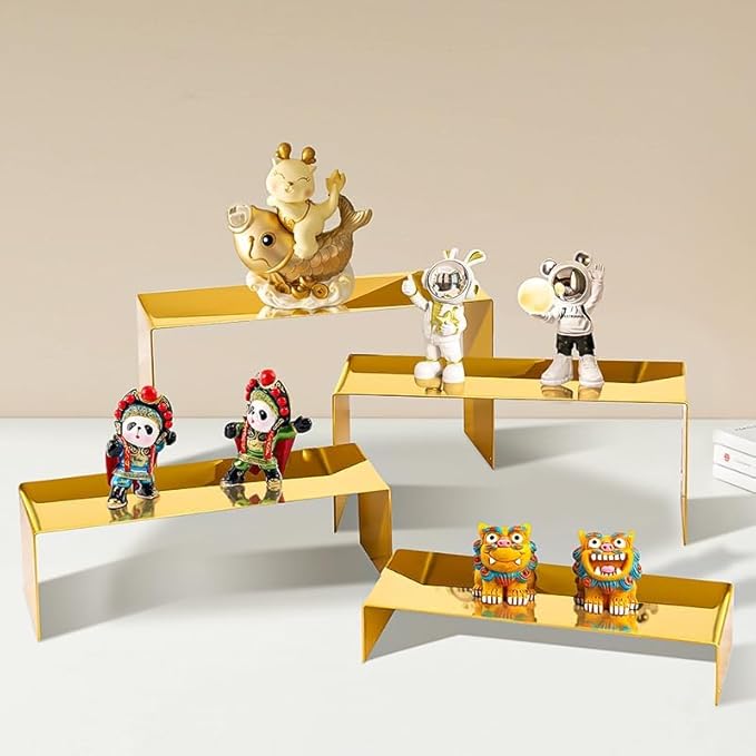 4 Pcs Gold Stainless Steel Display Risers, Display Stand for Cupcake Dessert Perfume Purse Handbag Shoe Jewelry and Funko Pop