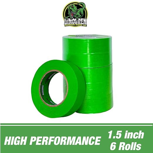 LAUCO DINOGREN High Performance Masking Tape for Car Paint, Heat & Water Resistant, Multi-Purpose Green (1.5 in x 60 yd, 6 Rolls) – Clean Removal, Auto Body Shop, Industrial Use, Crepe Backed*