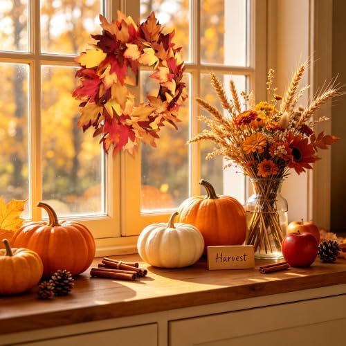 aneco 12 pcs fall wreath 16’’ thanksgiving maple showing dimensions