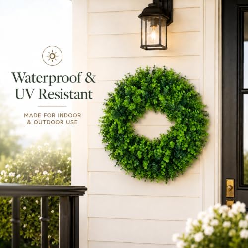 whanley 24 inch artificial boxwood wreath for front, side view