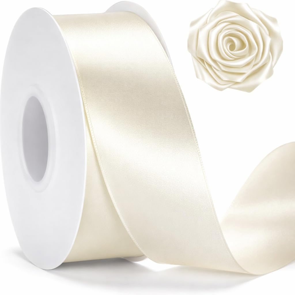 KINGLAKE Ivory Satin Ribbon - 1-1/2 Inch x 2 Rolls Cream Ribbon 100 Yards Beige Ribbons for Gift Wrapping Roses Making Flower Bouquet Crafts Wreath Bow Wedding Bridal Shower Baby Shower Birthday Decor