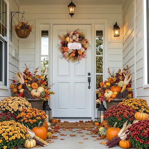 valery madelyn 24'' collapsible pre-lit fall pumpkin wreath, view 9