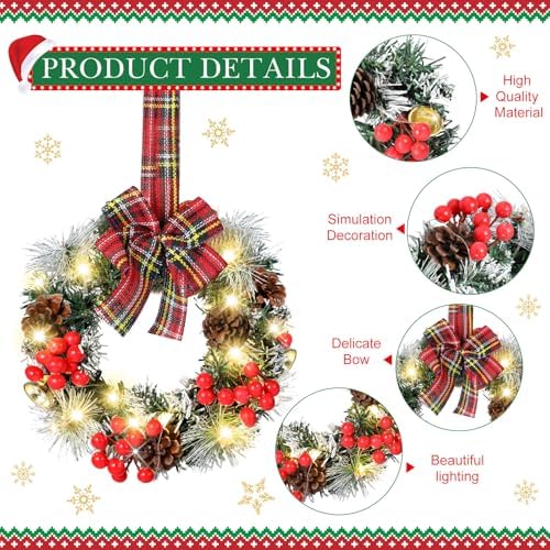 mini christmas cabinet wreath with lights, red black, close-up detail