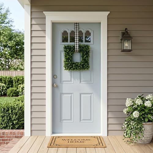 pure garden square boxwood wreath for front door shown in use