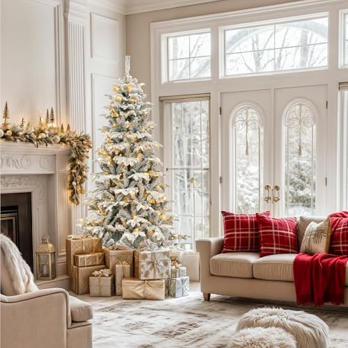 yitahome 7.5ft prelit natural layered flocked christmas tree, front angle view
