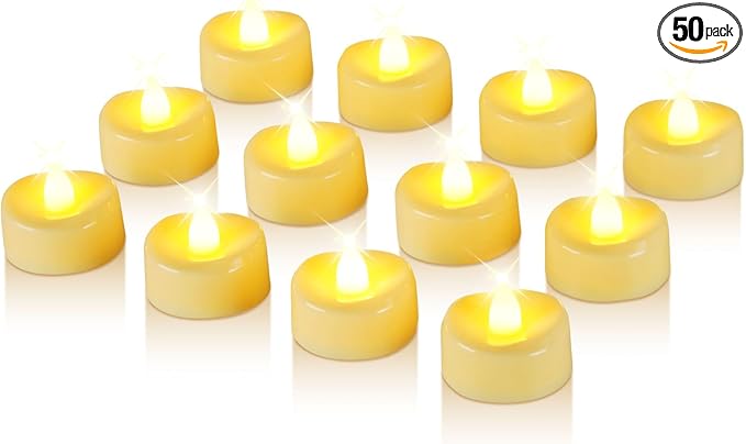 Raycare 50 Pack LED Tea Lights Battery Operated, 200+Hour Flickering Votive Candles, Realistic Fake Flameless TeaLights for Wedding Party Halloween Thanksgiving Christmas Decorations,Ivory Base